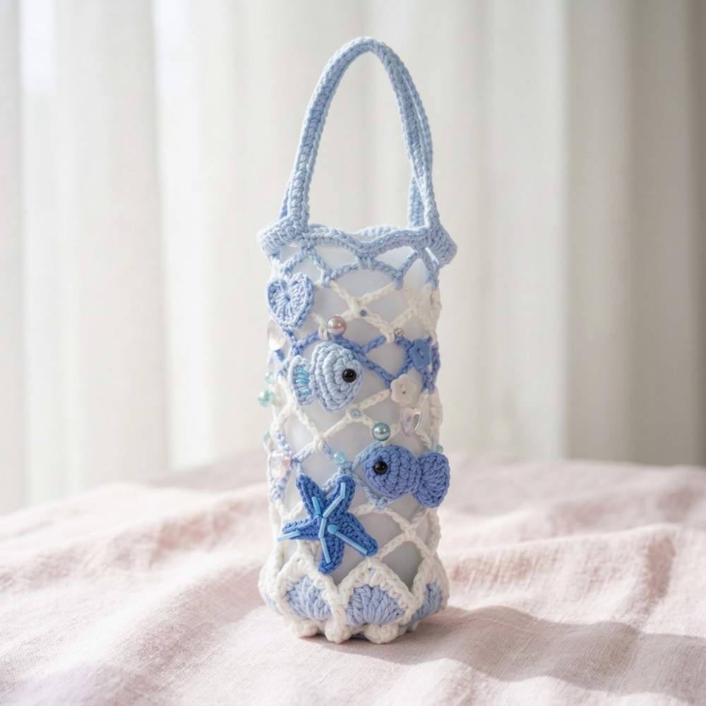 3in1 Mesh Hollow Cup Cozy Crochet Macaron Flower Cup Sleeve Pattern Water Bottle Holder