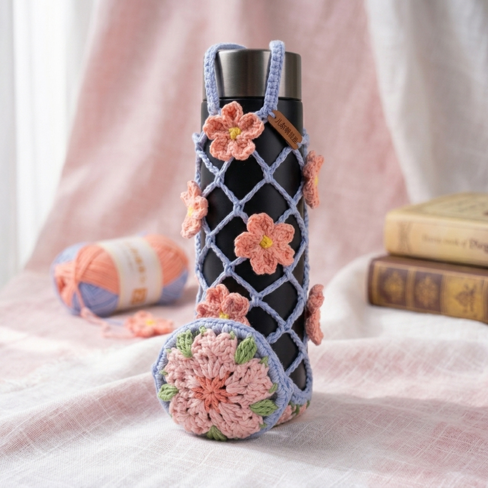 3in1 Mesh Hollow Cup Cozy Crochet Macaron Flower Cup Sleeve Pattern Water Bottle Holder
