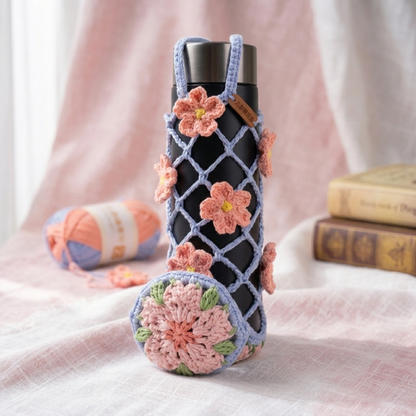 3in1 Mesh Hollow Cup Cozy Crochet Macaron Flower Cup Sleeve Pattern Water Bottle Holder