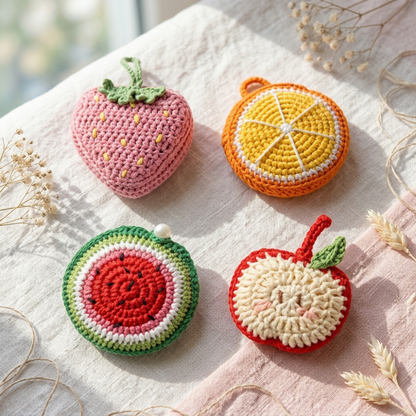3-in-1 Fruit Crochet Pattern Bundle – Water Bottle Holder, Mesh Bag & Bag Charm