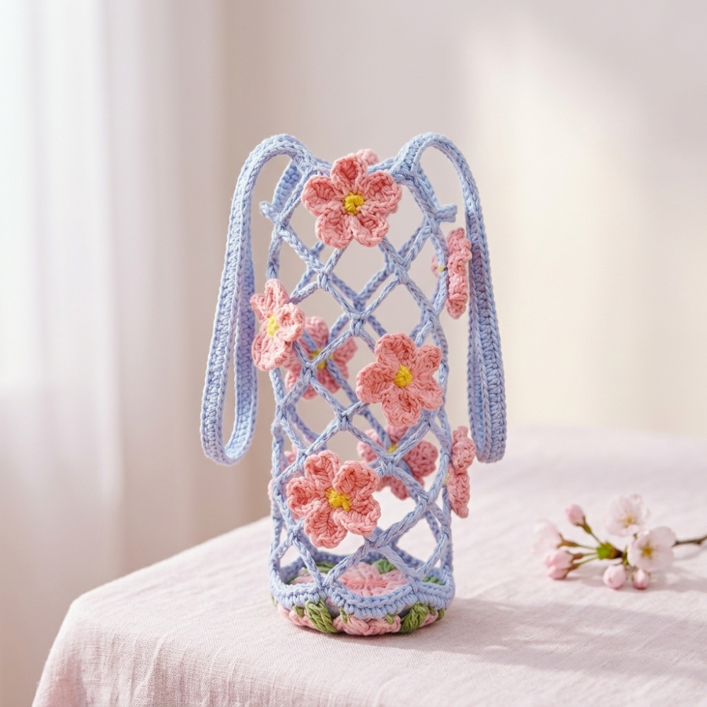 3in1 Mesh Hollow Cup Cozy Crochet Macaron Flower Cup Sleeve Pattern Water Bottle Holder