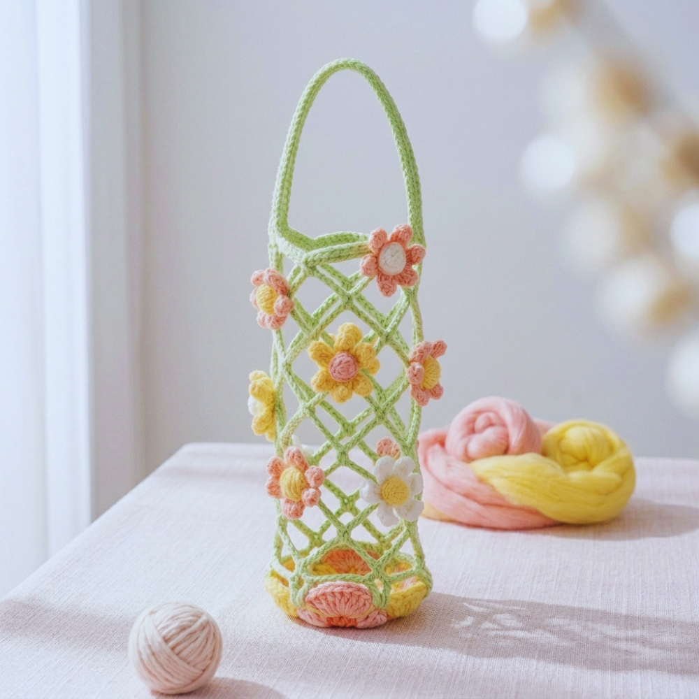 3in1 Mesh Hollow Cup Cozy Crochet Macaron Flower Cup Sleeve Pattern Water Bottle Holder