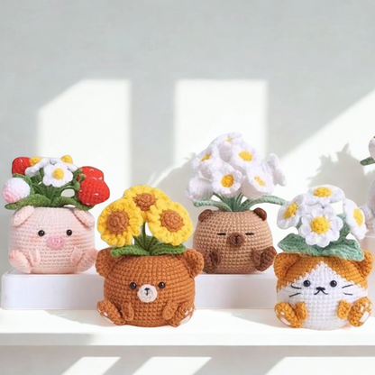 Animal Pot with Daisy Crochet Pattern - Pig Cat Bear