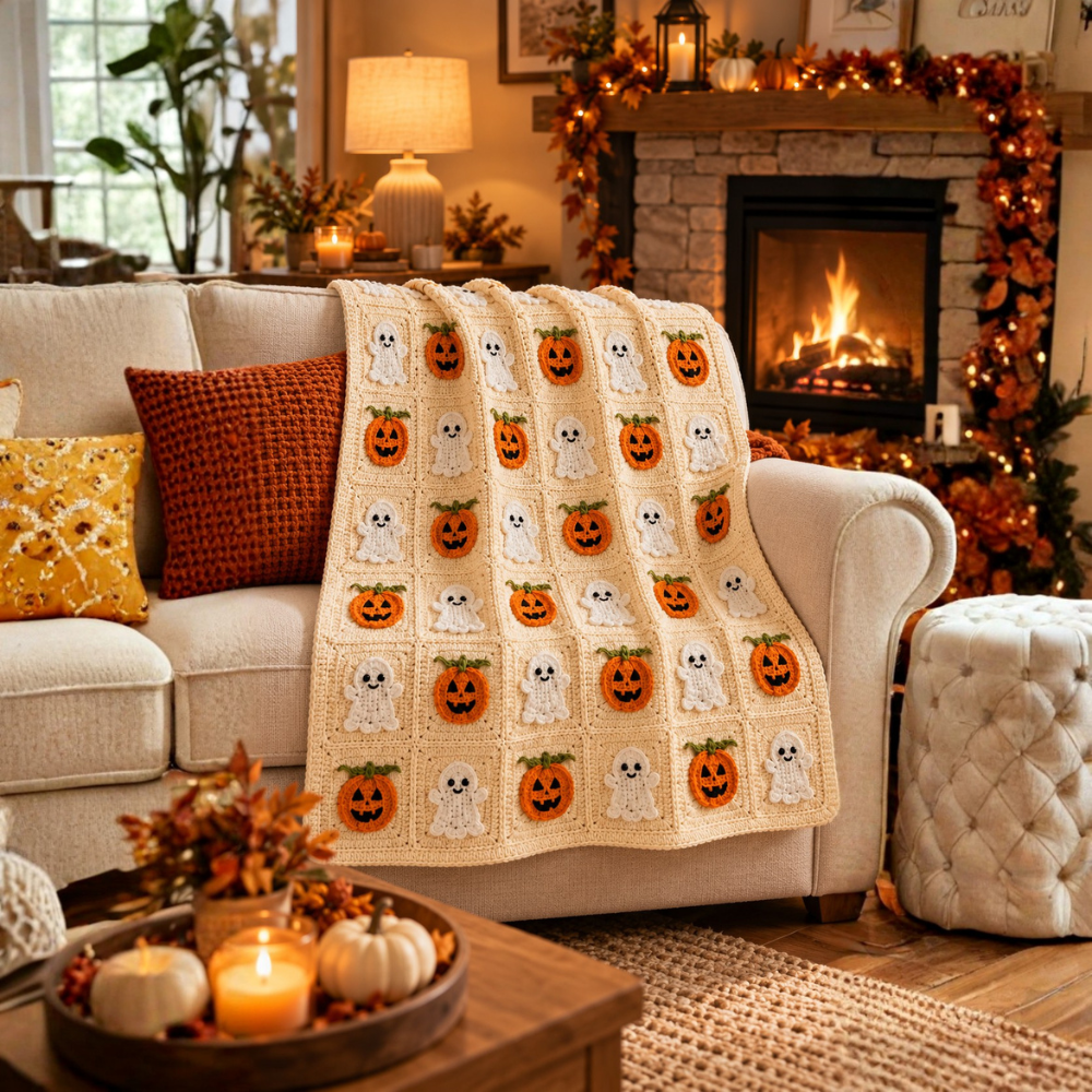 Halloween Ghost and Pumpkin Baby Blanket Crochet Pattern
