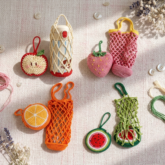 3-in-1 Fruit Crochet Pattern Bundle – Water Bottle Holder, Mesh Bag & Bag Charm