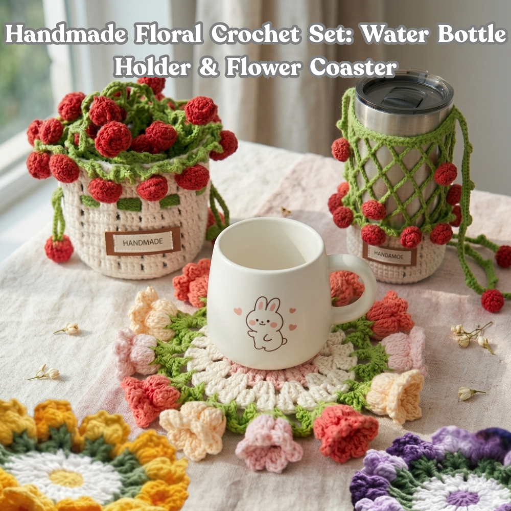 Combo Rose Water Bottle Holder Flower Coaster Crochet Pattern