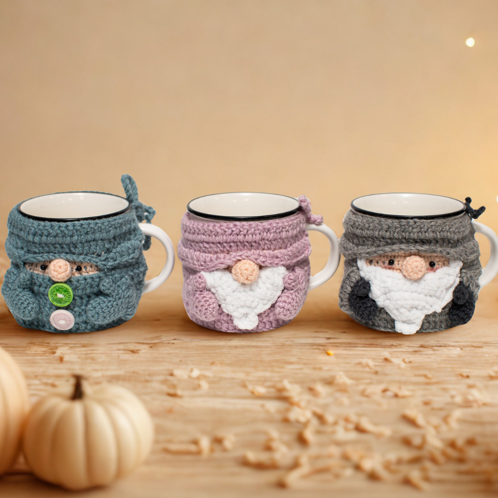 Gnome-themed crochet mug warmers Crochet Pattern