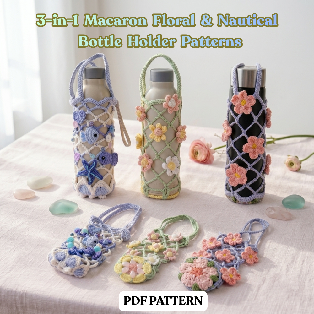 3in1 Mesh Hollow Cup Cozy Crochet Macaron Flower Cup Sleeve Pattern Water Bottle Holder