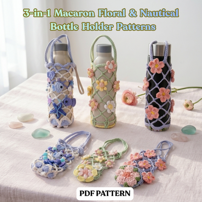 3in1 Mesh Hollow Cup Cozy Crochet Macaron Flower Cup Sleeve Pattern Water Bottle Holder