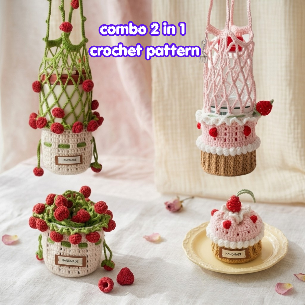 Combo Rose Strawberry Cake Bottle Holder Crochet Pattern