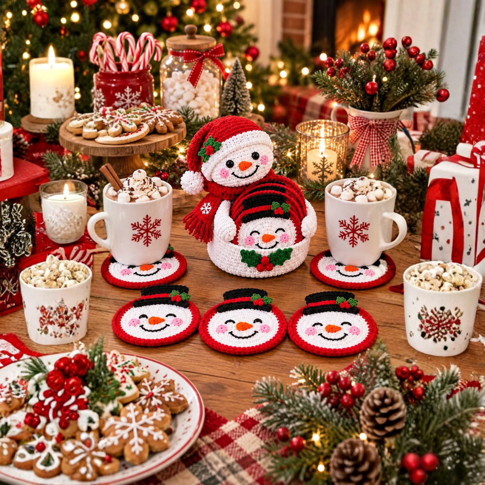 5 Snowman Crochet Coaster Pattern