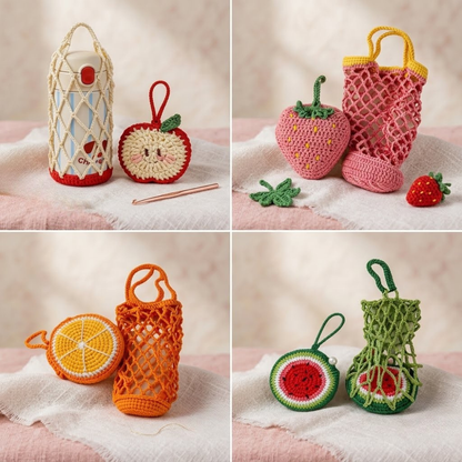 3-in-1 Fruit Crochet Pattern Bundle – Water Bottle Holder, Mesh Bag & Bag Charm