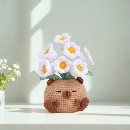 Animal Pot with Daisy Crochet Pattern - Pig Cat Bear