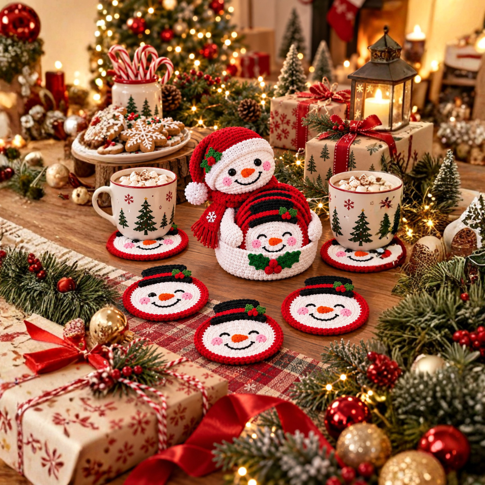 5 Snowman Crochet Coaster Pattern