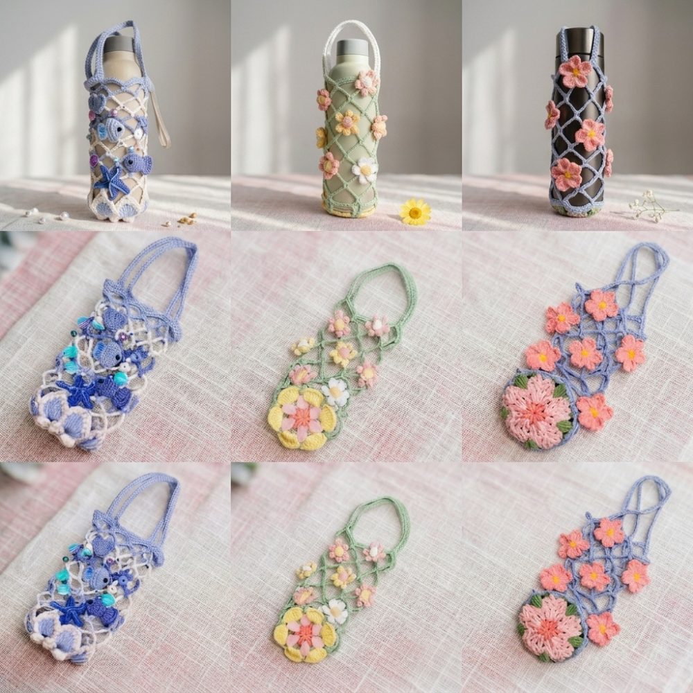 3in1 Mesh Hollow Cup Cozy Crochet Macaron Flower Cup Sleeve Pattern Water Bottle Holder