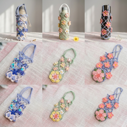 3in1 Mesh Hollow Cup Cozy Crochet Macaron Flower Cup Sleeve Pattern Water Bottle Holder