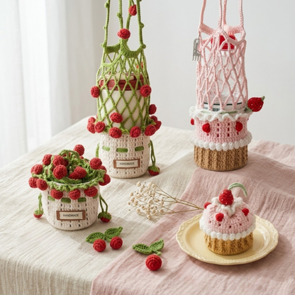Combo Rose Strawberry Cake Bottle Holder Crochet Pattern