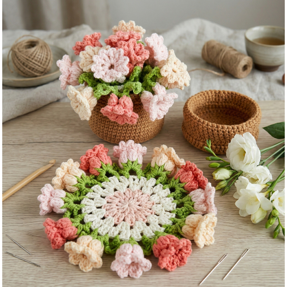 Combo Rose Water Bottle Holder Flower Coaster Crochet Pattern
