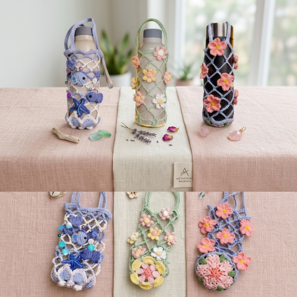 3in1 Mesh Hollow Cup Cozy Crochet Macaron Flower Cup Sleeve Pattern Water Bottle Holder