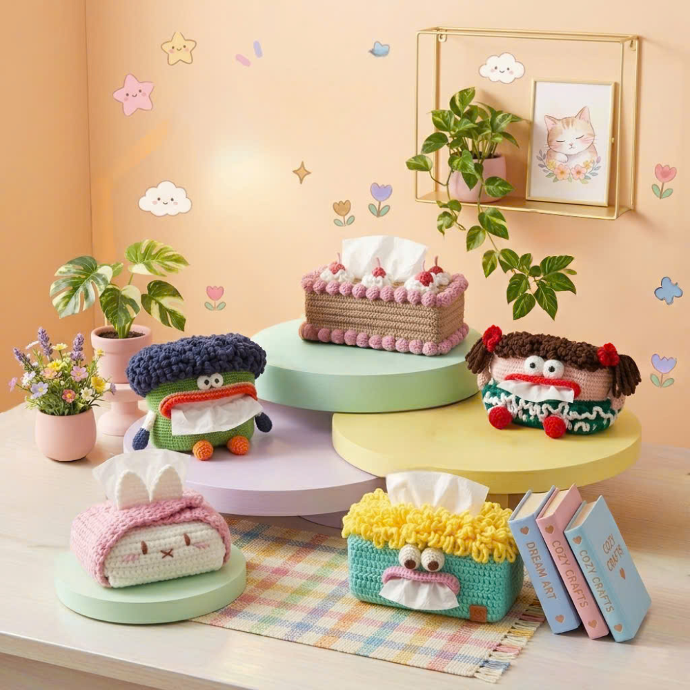 Cute Character Tissue Box Cover Crochet Pattern Bundle Cake & Bunny