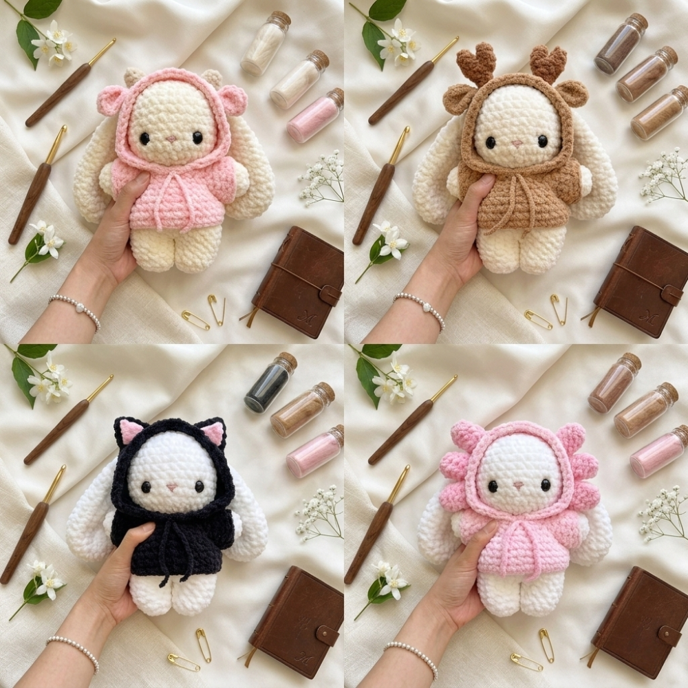 継ぎ接ぎ餅娘 ミルクボーイ hanged bunny sweat tops 9-in-1 Baby Bunny Hoodie Crochet Pattern PDF — Newborn to 2 Years