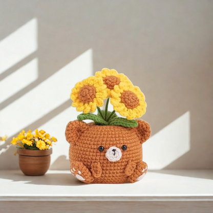 Animal Pot with Daisy Crochet Pattern - Pig Cat Bear