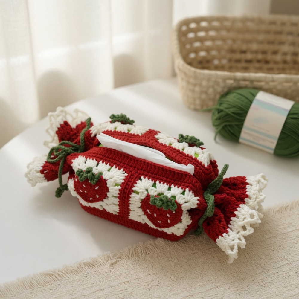 Sweet Strawberry Candy Cane Tissue Cover Crochet Pattern