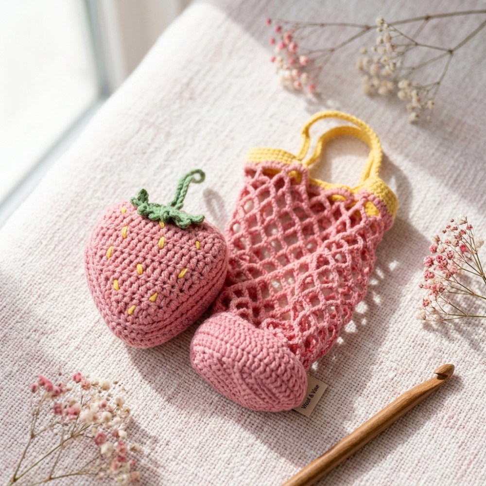 3-in-1 Fruit Crochet Pattern Bundle – Water Bottle Holder, Mesh Bag & Bag Charm