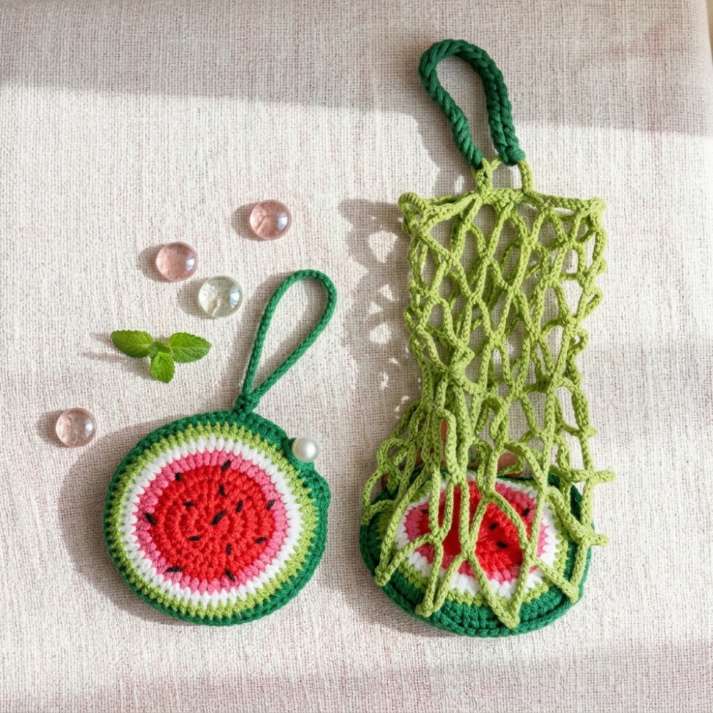 3-in-1 Fruit Crochet Pattern Bundle – Water Bottle Holder, Mesh Bag & Bag Charm