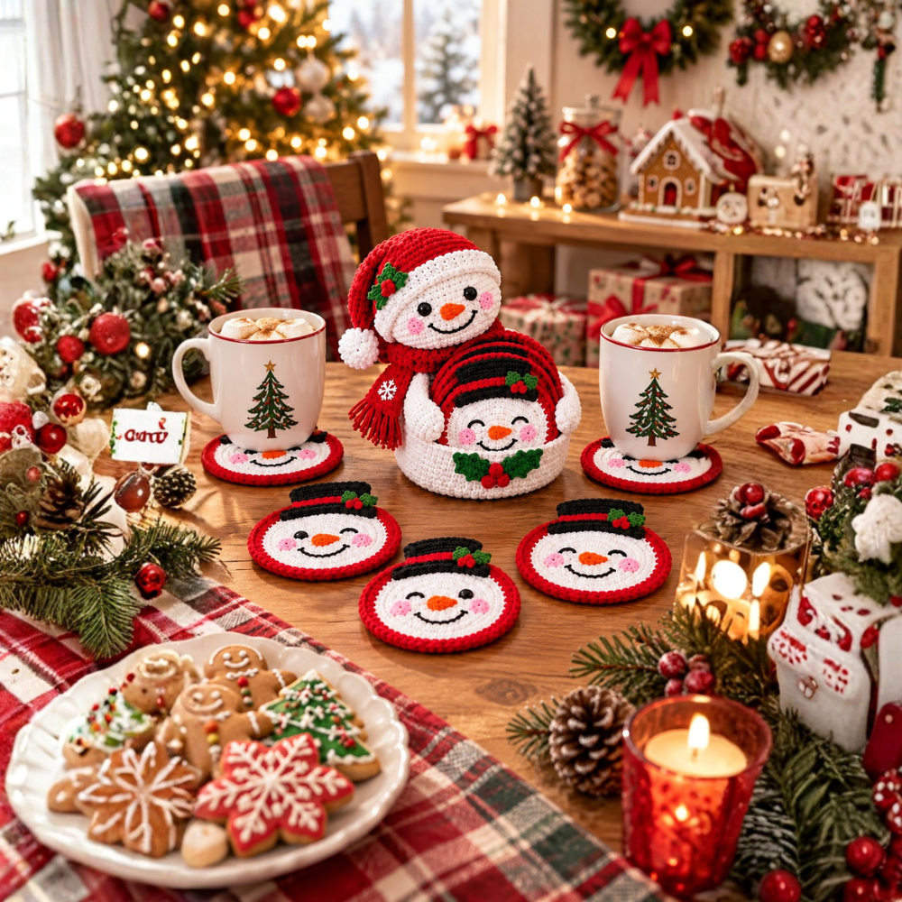 5 Snowman Crochet Coaster Pattern