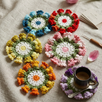 Combo Rose Water Bottle Holder Flower Coaster Crochet Pattern