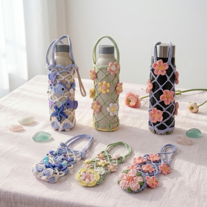 3in1 Mesh Hollow Cup Cozy Crochet Macaron Flower Cup Sleeve Pattern Water Bottle Holder