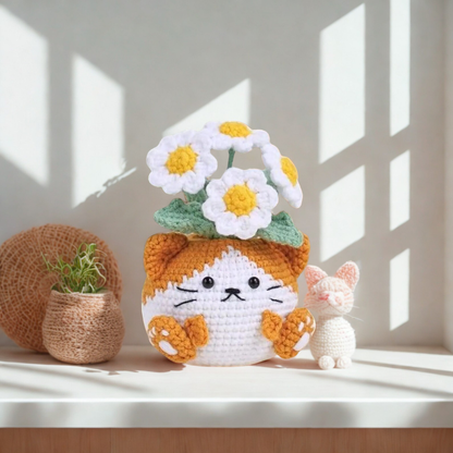Animal Pot with Daisy Crochet Pattern - Pig Cat Bear