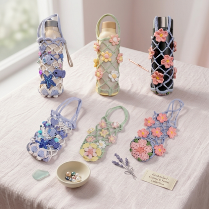 3in1 Mesh Hollow Cup Cozy Crochet Macaron Flower Cup Sleeve Pattern Water Bottle Holder