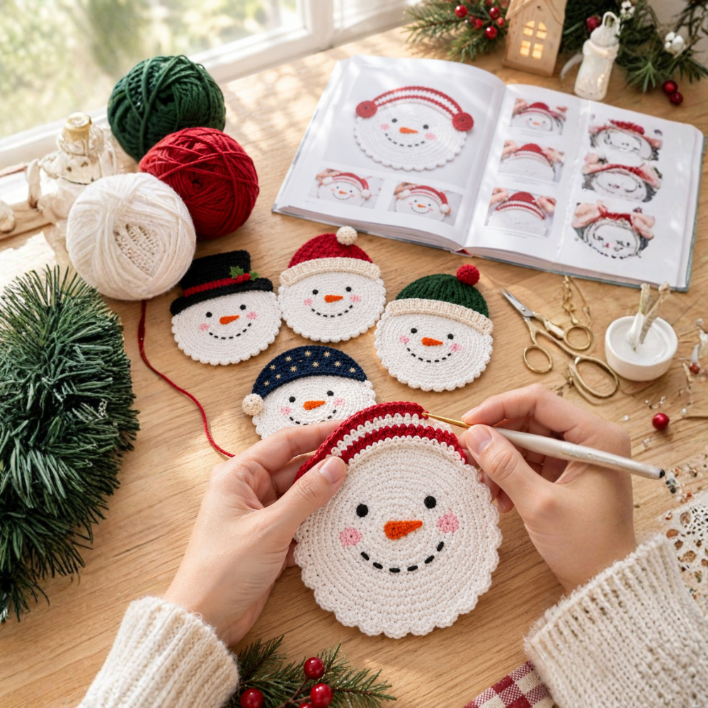 Christmas Snowman Crochet Coaster Pattern