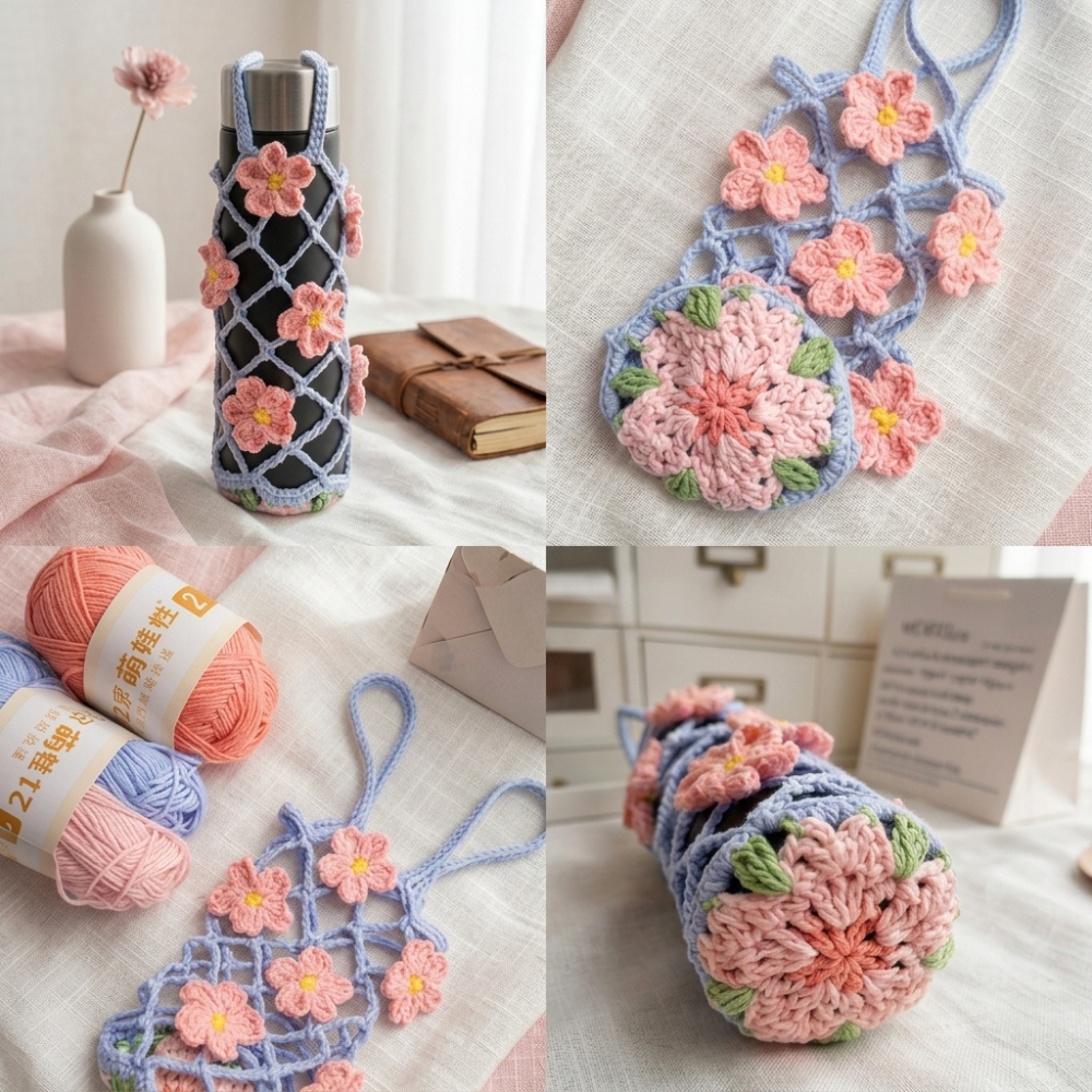 3in1 Mesh Hollow Cup Cozy Crochet Macaron Flower Cup Sleeve Pattern Water Bottle Holder