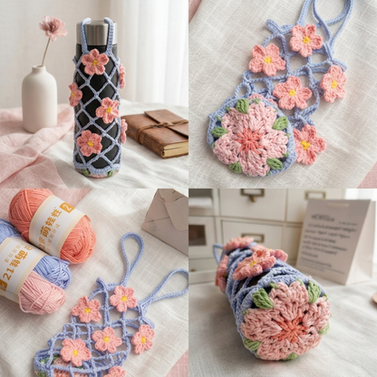3in1 Mesh Hollow Cup Cozy Crochet Macaron Flower Cup Sleeve Pattern Water Bottle Holder