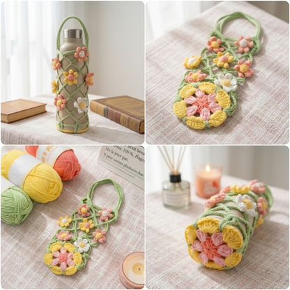 3in1 Mesh Hollow Cup Cozy Crochet Macaron Flower Cup Sleeve Pattern Water Bottle Holder