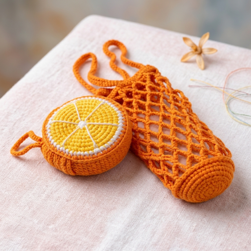 3-in-1 Fruit Crochet Pattern Bundle – Water Bottle Holder, Mesh Bag & Bag Charm