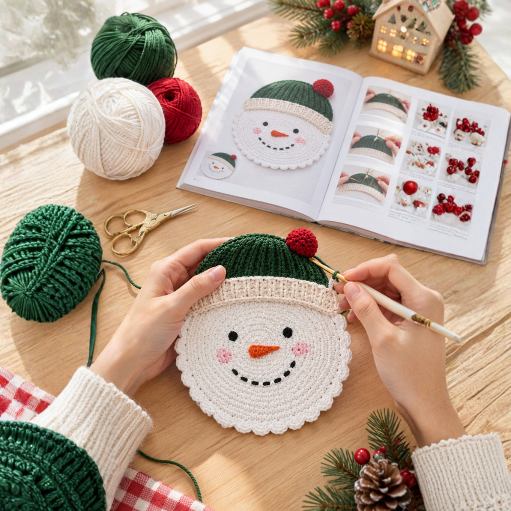 Christmas Snowman Crochet Coaster Pattern