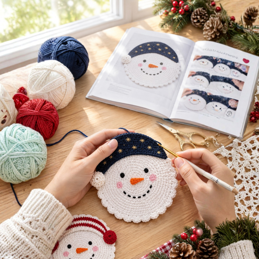 Christmas Snowman Crochet Coaster Pattern