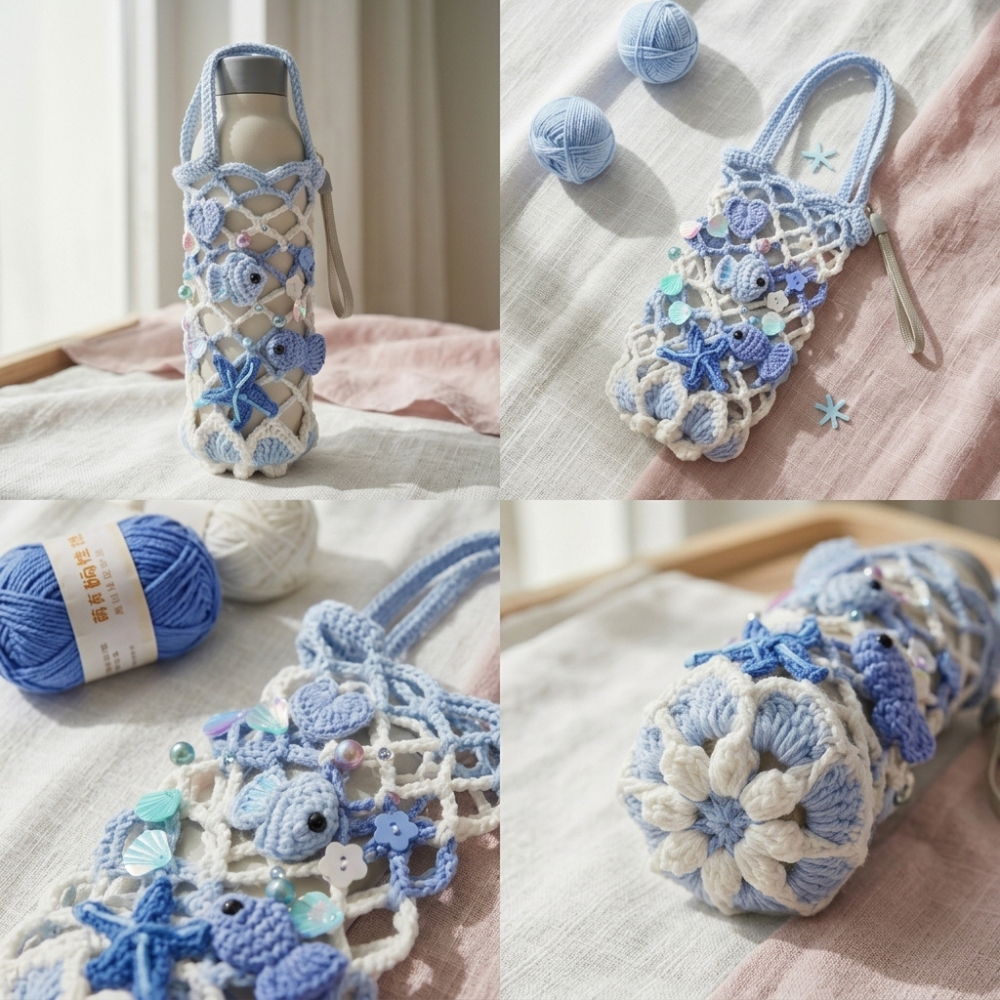 3in1 Mesh Hollow Cup Cozy Crochet Macaron Flower Cup Sleeve Pattern Water Bottle Holder