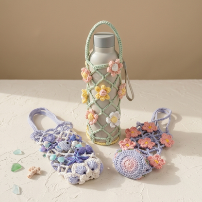 3in1 Mesh Hollow Cup Cozy Crochet Macaron Flower Cup Sleeve Pattern Water Bottle Holder